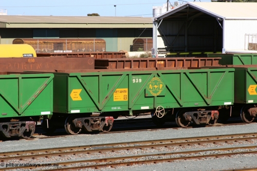 060528 4427
West Kalgoorlie, AOPY 32405, fleet number 939, one of seventy ex ANR coal waggons rebuilt from AOKF type by Bluebird Engineering SA in service with ARG on Koolyanobbing iron ore trains. They used to be three metres longer and originally built by Metropolitan Cammell Britain as GB type in 1952-55, May 28, 2006.
Keywords: AOPY-type;AOPY32405;Bluebird-Engineering-SA;Metropolitan-Cammell-Britain;GB-type;