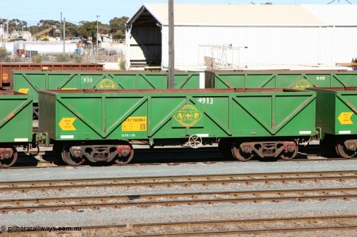 060528 4430
West Kalgoorlie, AOPY 32386 with fleet number 4913, the 4 being a recent addition, one of seventy ex ANR coal waggons rebuilt from AOKF type by Bluebird Engineering SA in service with ARG on Koolyanobbing iron ore trains. They used to be three metres longer and originally built by Metropolitan Cammell Britain as GB type in 1952-55, May 28, 2006.
Keywords: AOPY-type;AOPY32386;Bluebird-Engineering-SA;Metropolitan-Cammell-Britain;GB-type;