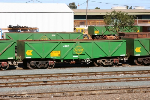 060528 4433
West Kalgoorlie, AOPY 34097, fleet number 4963, the 4 is a recent addition, is a drop floor version of one of seventy ex ANR coal waggons rebuilt from AOKF type by Bluebird Engineering SA in service with ARG on Koolyanobbing iron ore trains. They used to be three metres longer and originally built by Metropolitan Cammell Britain as GB type in 1952-55, May 28, 2006.
Keywords: AOPY-type;AOPY34097;Bluebird-Engineering-SA;Metropolitan-Cammell-Britain;GB-type;