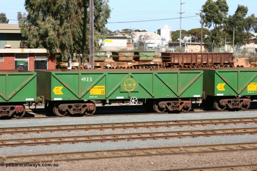 060528 4437
West Kalgoorlie, AOPY 32398, fleet number 4925 with an additional 4 added, one of seventy ex ANR coal waggons rebuilt from AOKF type by Bluebird Engineering SA in service with ARG on Koolyanobbing iron ore trains. They used to be three metres longer and originally built by Metropolitan Cammell Britain as GB type in 1952-55, May 28, 2006.
Keywords: AOPY-type;AOPY32398;Bluebird-Engineering-SA;Metropolitan-Cammell-Britain;GB-type;