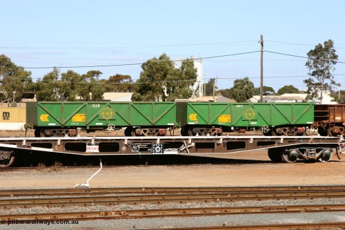 060528 4448
West Kalgoorlie, AOPY waggons 32401, fleet number 929 and 34095 with fleet number 961 and of the drop floor type, two of seventy ex ANR coal waggons rebuilt from AOKF type by Bluebird Engineering SA in service with ARG on Koolyanobbing iron ore trains. They used to be three metres longer and originally built by Metropolitan Cammell Britain as GB type in 1952-55, May 28, 2006.
Keywords: AOPY-type;AOPY32401;AOPY34095;Bluebird-Engineering-SA;Metropolitan-Cammell-Britain;GB-type;