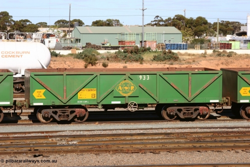 060528 4491
West Kalgoorlie, AOPY 32395 with fleet number 933, one of seventy ex ANR coal waggons rebuilt from AOKF type by Bluebird Engineering SA in service with ARG on Koolyanobbing iron ore trains. They used to be three metres longer and originally built by Metropolitan Cammell Britain as GB type in 1952-55, May 28, 2006.
Keywords: AOPY-type;AOPY32395;Bluebird-Engineering-SA;Metropolitan-Cammell-Britain;GB-type;
