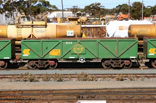 060528 4497
West Kalgoorlie, AOPY 34078 with fleet number 946, one of seventy ex ANR coal waggons rebuilt from AOKF type by Bluebird Engineering SA in service with ARG on Koolyanobbing iron ore trains. They used to be three metres longer and originally built by Metropolitan Cammell Britain as GB type in 1952-55, May 28, 2006.
Keywords: AOPY-type;AOPY34078;Bluebird-Engineering-SA;Metropolitan-Cammell-Britain;GB-type;