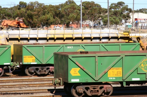 060528 4503
Part shot of West Kalgoorlie, AOPY 34092, fleet number 957 and of the drop floor type, one of seventy ex ANR coal waggons rebuilt from AOKF type by Bluebird Engineering SA in service with ARG on Koolyanobbing iron ore trains. They used to be three metres longer and originally built by Metropolitan Cammell Britain as GB type in 1952-55, 28th May 2006.
Keywords: AOPY-type;AOPY34092;Bluebird-Engineering-SA;Metropolitan-Cammell-Britain;GB-type;