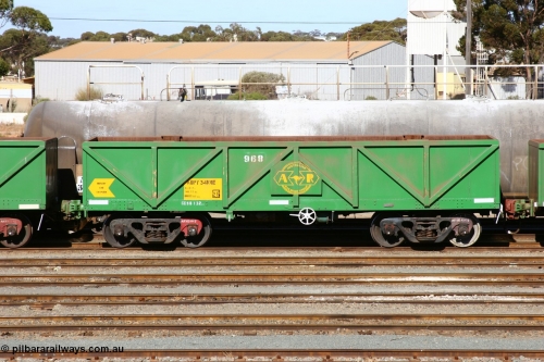 060528 4504
West Kalgoorlie, AOPY 34101, fleet number 968, one of seventy ex ANR coal waggons rebuilt from AOKF type by Bluebird Engineering SA in service with ARG on Koolyanobbing iron ore trains. They used to be three metres longer and originally built by Metropolitan Cammell Britain as GB type in 1952-55, May 28, 2006.
Keywords: AOPY-type;AOPY34101;Bluebird-Engineering-SA;Metropolitan-Cammell-Britain;GB-type;