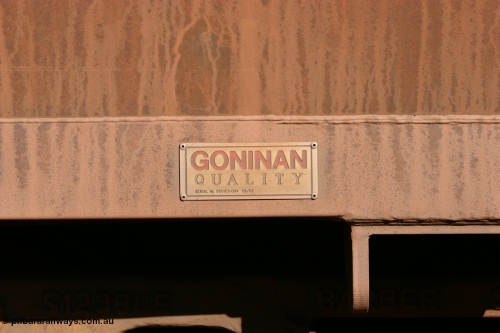 060528 4545
WOE type iron ore waggon WOE 33237 is one of a batch of twenty seven built by Goninan WA between September and October 2002 with serial number and fleet number 736 for Koolyanobbing iron ore operations, builders plate, Bonnie Vale May 28, 2006.
Keywords: WOE-type;WOE33237;Goninan-WA;950103-004;