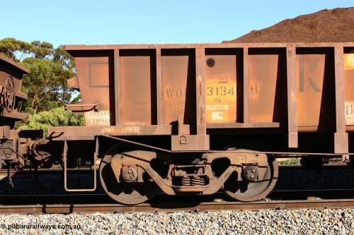 060528 4565
WOC type iron ore waggon WOC 31341 is leader of a batch of thirty built by Goninan WA between October 1997 to January 1998 with fleet number 401 for Koolyanobbing iron ore operations with a 75 ton capacity and lettered for KIPL, Koolyanobbing Iron Pty Ltd, seen here loaded with fines ore at Bonnie Vale in train number 413, May 28, 2006.
Keywords: WOC-type;WOC31341;Goninan-WA;