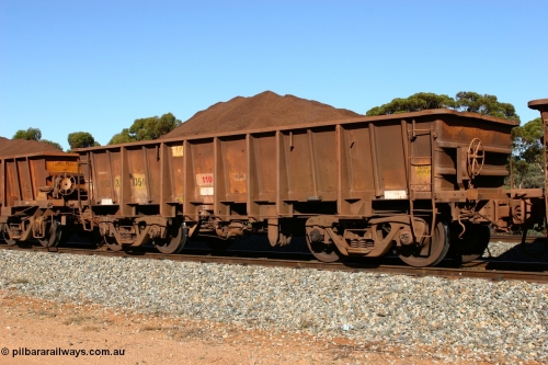 060528 4570
WO type iron ore waggon WO 31205 is one of a batch of eighty six built by WAGR Midland Workshops between 1967 and March 1968 with fleet number 102 for Koolyanobbing iron ore operations, with a 75 ton and 1018 ft.³ capacity, seen here loaded with fines ore at Bonnie Vale, May 28, 2006. This unit was converted to WOS superphosphate in the late 1980s till 1994 when it was re-classed back to WO.
Keywords: WO-type;WO31205;WAGR-Midland-WS;WOS-type;