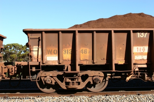 060528 4571
WO type iron ore waggon WO 31246 is one of a batch of eighty six built by WAGR Midland Workshops between 1967 and March 1968 with fleet number 137 for Koolyanobbing iron ore operations, with a 75 ton and 1018 ft³ capacity, seen here loaded with fines ore at Bonnie Vale, May 28, 2006. This unit was converted to WOC for coal in 1986 till 1994 when it was re-classed back to WO.
Keywords: WO-type;WO31246;WAGR-Midland-WS;