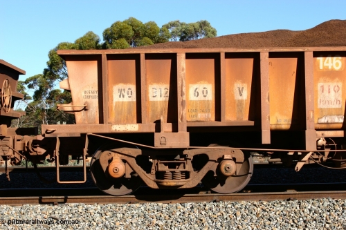 060528 4573
WO type iron ore waggon WO 31260 is one of a batch of sixty two built by Goninan WA between April and August 2000 with serial number 950086-010 and fleet number 146 for Koolyanobbing iron ore operations, and is a Goninan built replacement WO type waggon that replaces the original WAGR built WO type waggon with the newer style WOD type and has square features opposed to the curved ones as on the original WO class. Bonnie Vale, May 28, 2006.
Keywords: WO-type;WO31260;Goninan-WA;950086-010;