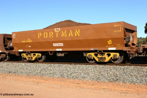 060528 4586
WOE type iron ore waggon WOE 33380 is one of a batch of one hundred and forty one built by United Group Rail WA between November 2005 and April 2006 with serial number 950142-085 and fleet number 879 for Koolyanobbing iron ore operations loaded with fines at Bonnie Vale May 28, 2006.
Keywords: WOE-type;WOE33380;United-Group-Rail-WA;950142-085;