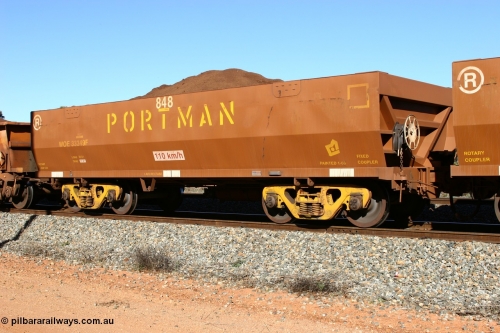 060528 4590
WOE type iron ore waggon WOE 33349 is one of a batch of one hundred and forty one built by United Goninan WA between November 2005 and April 2006 with serial number 950142-054 and fleet number 848 for Koolyanobbing iron ore operations loaded with fines at Bonnie Vale May 28, 2006.
Keywords: WOE-type;WOE33349;United-Goninan-WA;950142-054;