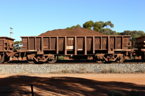 060528 4597
WOD type iron ore waggon WOD 31450 is one of a batch of sixty two built by Goninan WA between April and August 2000 with serial number 950086-022 and fleet number 513 for Koolyanobbing iron ore operations with a 75 ton capacity for Portman Mining to cart their Koolyanobbing iron ore to Esperance. Seen here loaded with fines in train 413 at Bonnie Vale. May 28, 2006.
Keywords: WOD-type;WOD31450;Goninan-WA;950086-022;