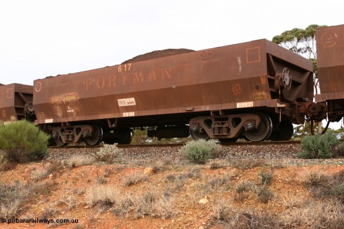 060529 4703
WOE type iron ore waggon WOE 30274 is one of a batch of one hundred and thirty built by Goninan WA between March and August 2001 with serial number 950092-024 and fleet number 617 for Koolyanobbing iron ore operations of 83 tonne capacity for Portman Mining, loaded with fines at Binduli, May 29, 2006.
Keywords: WOE-type;WOE30274;Goninan-WA;950092-024;
