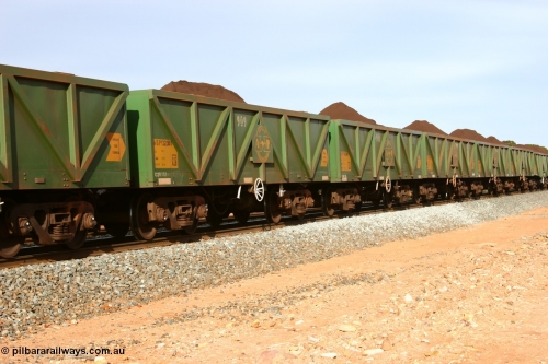 060531 5001
Binduli, AOPY 32381, fleet number 909, one of seventy ex ANR coal waggons rebuilt from AOKF type by Bluebird Engineering SA in service with ARG on Koolyanobbing iron ore trains. They used to be three metres longer and originally built by Metropolitan Cammell Britain as GB type in 1952-55, seen here in the consist with sister waggons of a loaded train, May 31, 2006
Keywords: AOPY-type;AOPY32381;Bluebird-Engineering-SA;Metropolitan-Cammell-Britain;GB-type;