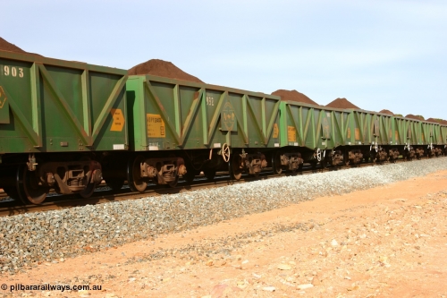 060531 5004
Binduli, AOPY 32403, with fleet number 932, one of seventy ex ANR coal waggons rebuilt from AOKF type by Bluebird Engineering SA in service with ARG on Koolyanobbing iron ore trains. They used to be three metres longer and originally built by Metropolitan Cammell Britain as GB type in 1952-55, seen here in the consist with sister waggons of a loaded train bound for West Kalgoorlie, May 31, 2006
Keywords: AOPY-type;AOPY32403;Bluebird-Engineering-SA;Metropolitan-Cammell-Britain;GB-type;