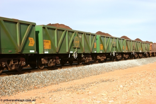 060531 5006
Binduli, AOPY 34087, fleet number 954, one of seventy ex ANR coal waggons rebuilt from AOKF type by Bluebird Engineering SA in service with ARG on Koolyanobbing iron ore trains. They used to be three metres longer and originally built by Metropolitan Cammell Britain as GB type in 1952-55, seen here in the consist with sister waggons of a loaded train bound for West Kalgoorlie, May 31, 2006
Keywords: AOPY-type;AOPY34087;Bluebird-Engineering-SA;Metropolitan-Cammell-Britain;GB-type;
