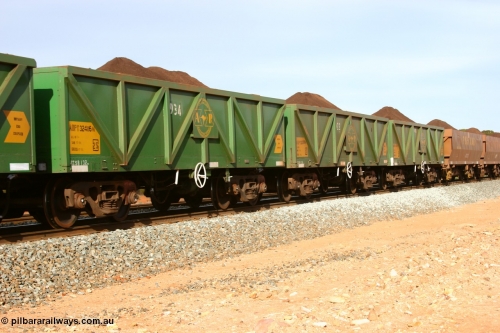 060531 5007
Binduli, AOPY 32406, fleet number 934, one of seventy ex ANR coal waggons rebuilt from AOKF type by Bluebird Engineering SA in service with ARG on Koolyanobbing iron ore trains. They used to be three metres longer and originally built by Metropolitan Cammell Britain as GB type in 1952-55, seen here in the consist with sister waggons of a loaded train bound for West Kalgoorlie, May 31, 2006
Keywords: AOPY-type;AOPY32406;Bluebird-Engineering-SA;Metropolitan-Cammell-Britain;GB-type;