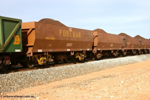 060531 5010
WOE type iron ore waggon WOE 33386 is one of a batch of one hundred and forty one built by United Group Rail WA between November 2005 and April 2006 with serial number 950142-091 and fleet number 885 for Koolyanobbing iron ore operations, seen here loaded with fines at Binduli, May 29, 2006.
Keywords: WOE-type;WOE33386;United-Group-Rail-WA;950142-091;
