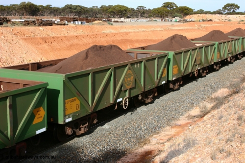 060531 5021
West Kalgoorlie, AOPY 32376, fleet number 919, one of seventy ex ANR coal waggons rebuilt from AOKF type by Bluebird Engineering SA in service with ARG on Koolyanobbing iron ore trains. They used to be three metres longer and originally built by Metropolitan Cammell Britain as GB type in 1952-55, 31st May 2006.
Keywords: AOPY-type;AOPY32376;Bluebird-Engineering-SA;Metropolitan-Cammell-Britain;GB-type;
