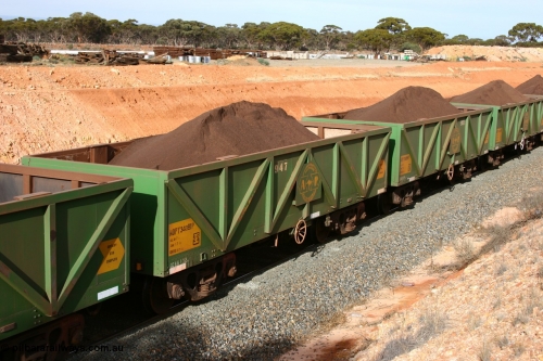 060531 5023
West Kalgoorlie, AOPY 34081 with fleet number 947, one of seventy ex ANR coal waggons rebuilt from AOKF type by Bluebird Engineering SA in service with ARG on Koolyanobbing iron ore trains. They used to be three metres longer and originally built by Metropolitan Cammell Britain as GB type in 1952-55, May 31, 2006
Keywords: AOPY-type;AOPY34081;Bluebird-Engineering-SA;Metropolitan-Cammell-Britain;GB-type;