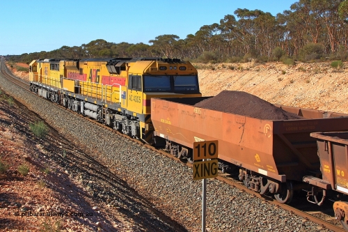 100602 8538
WOE type iron ore waggon WOE 33436 is one of a batch of one hundred and forty one built by United Group Rail WA between November 2005 and April 2006 with serial number 950142-141 and fleet number 8935 for Koolyanobbing iron ore operations with the 8 being an addition as the fleet size has increased beyond 1000 waggons, 82.5 ton capacity and build date of 04/2006 waggon for Portman Mining, seen here loaded with fines west of Binduli, June 2, 2010.
Keywords: WOE-type;WOE33436;United-Group-Rail-WA;950142-141;