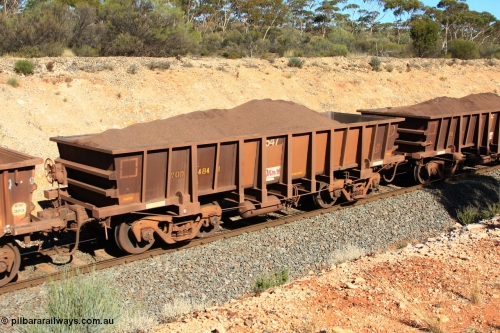 100602 8540
WOD type iron ore waggon WOD 31484 is one of a batch of sixty two built by Goninan WA between April and August 2000 with serial number 950086-056 and fleet number 547 for Koolyanobbing iron ore operations with a 75 ton capacity build date 07/2000, for Portman Mining to cart their Koolyanobbing iron ore to Esperance, loaded with fines ore just west of Binduli, June 2, 2010.
Keywords: WOD-type;WOD31484;Goninan-WA;950086-056;