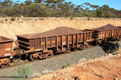 100602 8544
WOD type iron ore waggon WOD 31447 is one of a batch of sixty two built by Goninan WA between April and August 2000 with serial number 950086-019 and fleet number 510 for Koolyanobbing iron ore operations with a 75 ton capacity and a build date of 05/2000, for Portman Mining to cart their Koolyanobbing iron ore to Esperance, with the letters now painted over, loaded with fines ore just west of Binduli, June 2, 2010.
Keywords: WOD-type;WOD31447;Goninan-WA;950086-019;