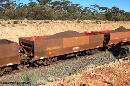 100602 8552
WOE type iron ore waggon WOE 30284 is one of a batch of one hundred and thirty built by Goninan WA between March and August 2001 with serial number 950092-034 and fleet number 626 for Koolyanobbing iron ore operations of 83 tonne load capacity, but with revised load of 82.5 tonne and PORTMAN painted out, seen here west of Binduli, June 2, 2010.
Keywords: WOE-type;WOE30284;Goninan-WA;950092-034;