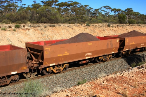100602 8553
WOE type iron ore waggon WOE 33555 is one of a batch of one hundred and twenty eight built by United Group Rail WA between August 2008 and March 2009 with serial number 950211-095 and fleet number 9048 for Koolyanobbing iron ore operations, seen here west of Binduli, June 2, 2010.
Keywords: WOE-type;WOE33555;United-Group-Rail-WA;950211-095;