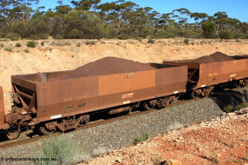 100602 8558
WOE type iron ore waggon WOE 31119 is one of a batch of one hundred and thirty built by Goninan WA between March and August 2001 with serial number 950092-109 and fleet number 702 for Koolyanobbing iron ore operations with revised load of 82.5 tonne and PORTMAN painted out, seen here west of Binduli, June 2, 2010.
Keywords: WOE-type;WOE31119;Goninan-WA;950092-109;