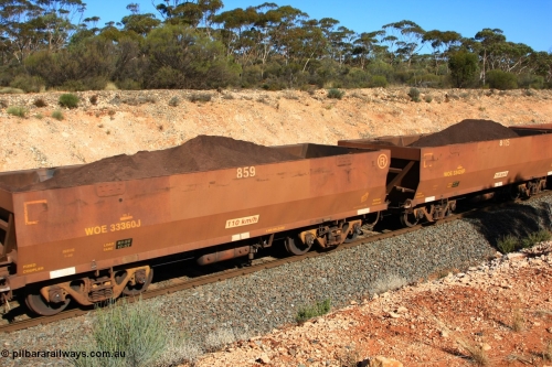 100602 8559
WOE type iron ore waggon WOE 33360 is one of a batch of one hundred and forty one built by United Goninan WA between November 2005 and April 2006 with serial number 950142-065 and fleet number 859 for Koolyanobbing iron ore operations with a revised load of 82.5 tonnes, with PORTMAN painted out, seen here west of Binduli, June 2, 2010.
Keywords: WOE-type;WOE33360;United-Goninan-WA;950142-065;