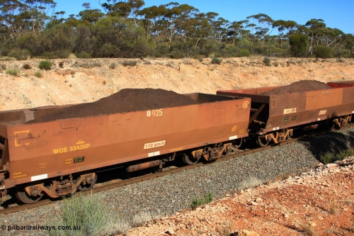 100602 8560
WOE type iron ore waggon WOE 33426 is one of a batch of one hundred and forty one built by United Group Rail WA between November 2005 and April 2006 with serial number 950142-131 and fleet number 8925 for Koolyanobbing iron ore operations a build date of 04/2006 with a revised load of 82.5 tonnes with PORTMAN painted out, seen here west of Binduli, June 2, 2010.
Keywords: WOE-type;WOE33426;United-Group-Rail-WA;950142-131;