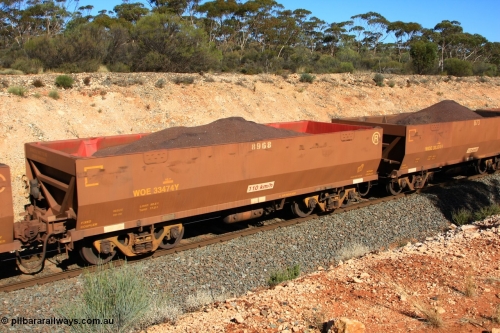 100602 8567
WOE type iron ore waggon WOE 33474 is one of a batch of one hundred and twenty eight built by United Group Rail WA between August 2008 and March 2009 with serial number 950211-016 and fleet number for Koolyanobbing iron ore operations, the 8 being a addition due to fleet size, build date of 06/2006 with a revised load of 82.5 tonnes with PORTMAN painted out, seen here west of Binduli, June 2, 2010.
Keywords: WOE-type;WOE33474;United-Group-Rail-WA;950211-016;