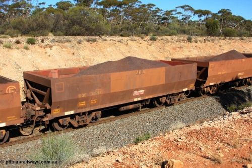 100602 8569
WOE type iron ore waggon WOE 31126 is one of a batch of one hundred and thirty built by Goninan WA between March and August 2001 with serial number 950092-116 and fleet number 708 for Koolyanobbing iron ore operations with revised load of 82.5 tonne and PORTMAN painted out, seen here west of Binduli, June 2, 2010.
Keywords: WOE-type;WOE31126;Goninan-WA;950092-116;