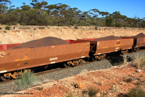100602 8573
WOE type iron ore waggon WOE 33531 is one of a batch of one hundred and twenty eight built by United Group Rail WA between August 2008 and March 2009 with serial number 950211-071 and fleet number 9016 for Koolyanobbing iron ore operations, seen here west of Binduli, June 2, 2010.
Keywords: WOE-type;WOE33531;United-Group-Rail-WA;950211-071;