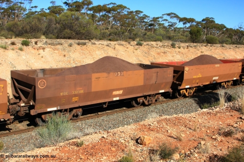 100602 8575
WOE type iron ore waggon WOE 33238 is one of a batch of twenty seven built by Goninan WA between September and October 2002 with serial number 950103-005 and fleet number 737 for Koolyanobbing iron ore operations but it now has the revised 82.5 tonne load rating and PORTMAN has been painted out, west of Binduli June 2, 2010.
Keywords: WOE-type;WOE33238;Goninan-WA;950103-005;