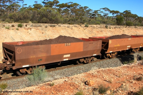 100602 8580
WOE type iron ore waggon WOE 33237 is one of a batch of twenty seven built by Goninan WA between September and October 2002 with serial number and fleet number 736 for Koolyanobbing iron ore operations but now has revised 82.5 tonne load and PORTMAN painted out. See image titled 060528 4544, Binduli June 2, 2010.
Keywords: WOE-type;WOE33237;Goninan-WA;950103-004;