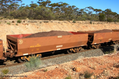 100602 8583
WOE type iron ore waggon WOE 33586 is one of a batch of one hundred and twenty eight built by United Group Rail WA between August 2008 and March 2009 with serial number 950211-126 and fleet number 9083 for Koolyanobbing iron ore operations, seen here west of Binduli, June 2, 2010.
Keywords: WOE-type;WOE33586;United-Group-Rail-WA;950211-126;
