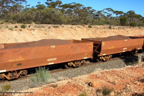 100602 8584
WOE type iron ore waggon WOE 33299 is one of a batch of one hundred and forty one built by United Goninan WA between November 2005 and April 2006 with serial number 950142-004 and fleet number 798 for Koolyanobbing iron ore operations, now with reduced load to 82.5 tonnes and PORTMAN painted out, Binduli June 2, 2010.
Keywords: WOE-type;WOE33299;United-Goninan-WA;950142-004;