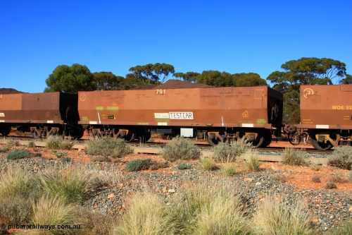 100602 8591
WOE type iron ore waggon WOE 33292 is one of a batch of thirty five built by United Goninan WA between January and April 2005 with serial number 950104-032 and fleet number 791 for Koolyanobbing iron ore operations, set up as a test car, build date of 04/2005 with a revised load of 82.5 tonnes and PORTMAN painted out, seen here at Binduli, June 2, 2010.
Keywords: WOE-type;WOE33292;test-car;United-Goninan-WA;950104-032;
