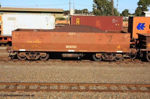 100602 8678
WOE type iron ore waggon WOE 33436 is one of a batch of one hundred and forty one built by United Group Rail WA between November 2005 and April 2006 with serial number 950142-141 and fleet number 8935 for Koolyanobbing iron ore operations with the 8 being an addition as the fleet size has increased beyond 1000 waggons, 82.5 ton capacity and build date of 04/2006 waggon for Portman Mining, now with PORTMAN painted out, West Kalgoorlie June 2, 2010.
Keywords: WOE-type;WOE33436;United-Group-Rail-WA;950142-141;