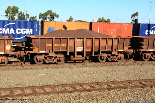 100602 8682
WOD type iron ore waggon WOD 31470 is one of a batch of sixty two built by Goninan WA between April and August 2000 with serial number 950086-042 and fleet number 533 for Koolyanobbing iron ore operations with a 75 ton capacity for Portman Mining to cart their Koolyanobbing iron ore to Esperance, PORTMAN has been painted out, West Kalgoorlie loaded with fines, June 2, 2010.
Keywords: WOD-type;WOD31470;Goninan-WA;950086-042;