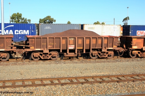 100602 8684
WOD type iron ore waggon WOD 31456 is one of a batch of sixty two built by Goninan WA between April and August 2000 with serial number 950086-028 and fleet number 519 for Koolyanobbing iron ore operations with a 75 ton capacity for Portman Mining to cart their Koolyanobbing iron ore to Esperance, PORTMAN has been painted out, West Kalgoorlie loaded with fines, June 2, 2010.
Keywords: WOD-type;WOD31456;Goninan-WA;950086-028;