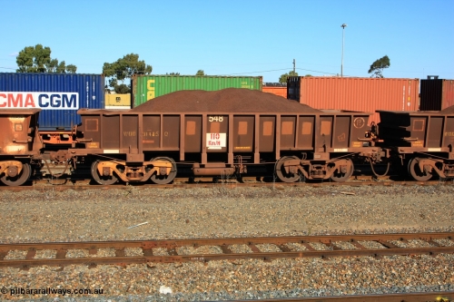 100602 8686
WOD type iron ore waggon WOD 31485 is one of a batch of sixty two built by Goninan WA between April and August 2000 with serial number 950086-057 and fleet number 548 for Koolyanobbing iron ore operations with a 75 ton capacity for Portman Mining to cart their Koolyanobbing iron ore to Esperance, PORTMAN has been painted out, West Kalgoorlie loaded with fines, June 2, 2010.
Keywords: WOD-type;WOD31485;Goninan-WA;950086-057;