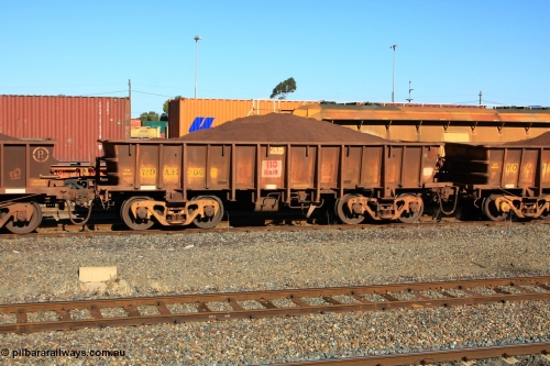 100602 8688
WOA type iron ore waggon WOA 31309 is one of a batch of thirty nine built by WAGR Midland Workshops between 1970 and 1971 with fleet number 205 for Koolyanobbing iron ore operations, with a 75 ton and 1018 ft³ capacity, West Kalgoorlie loaded with fines, June 2, 2010.
Keywords: WOA-type;WOA31309;WAGR-Midland-WS;