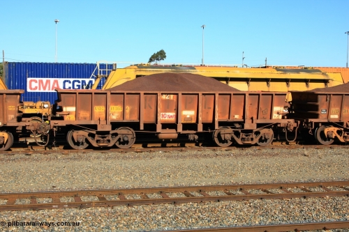 100602 8690
WOC type iron ore waggon WOC 31361 is one of a batch of thirty built by Goninan WA between October 1997 to January 1998 with fleet number 421 and build date of 12/1997, for Koolyanobbing iron ore operations with a 75 ton capacity and lettered for KIPL, Koolyanobbing Iron Pty Ltd, loaded with fines, West Kalgoorlie June 2, 2010.
Keywords: WOC-type;WOC31361;Goninan-WA;