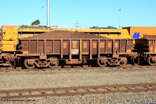 100602 8692
WOD type iron ore waggon WOD 31488 is one of a batch of sixty two built by Goninan WA between April and August 2000 with serial number 950086-060 and fleet number 551 for Koolyanobbing iron ore operations with a 75 ton capacity build date 07/2000, for Portman Mining to cart their Koolyanobbing iron ore to Esperance, PORTMAN has been painted out, West Kalgoorlie loaded with fines, June 2, 2010.
Keywords: WOD-type;WOD31488;Goninan-WA;950086-060;