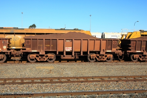100602 8694
WOD type iron ore waggon WOD 31484 is one of a batch of sixty two built by Goninan WA between April and August 2000 with serial number 950086-056 and fleet number 547 for Koolyanobbing iron ore operations with a 75 ton capacity build date 07/2000, for Portman Mining to cart their Koolyanobbing iron ore to Esperance, loaded with fines ore West Kalgoorlie, June 2, 2010.
Keywords: WOD-type;WOD31484;Goninan-WA;950086-056;