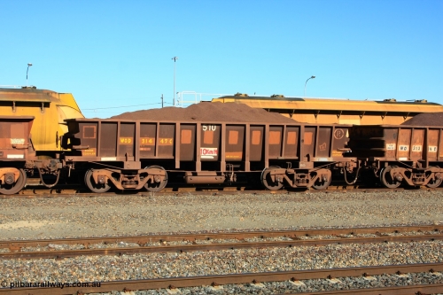 100602 8698
WOD type iron ore waggon WOD 31447 is one of a batch of sixty two built by Goninan WA between April and August 2000 with serial number 950086-019 and fleet number 510 for Koolyanobbing iron ore operations with a 75 ton capacity and a build date of 05/2000, for Portman Mining to cart their Koolyanobbing iron ore to Esperance, with the letters now painted over, loaded with fines, West Kalgoorlie June 2, 2010.
Keywords: WOD-type;WOD31447;Goninan-WA;950086-019;